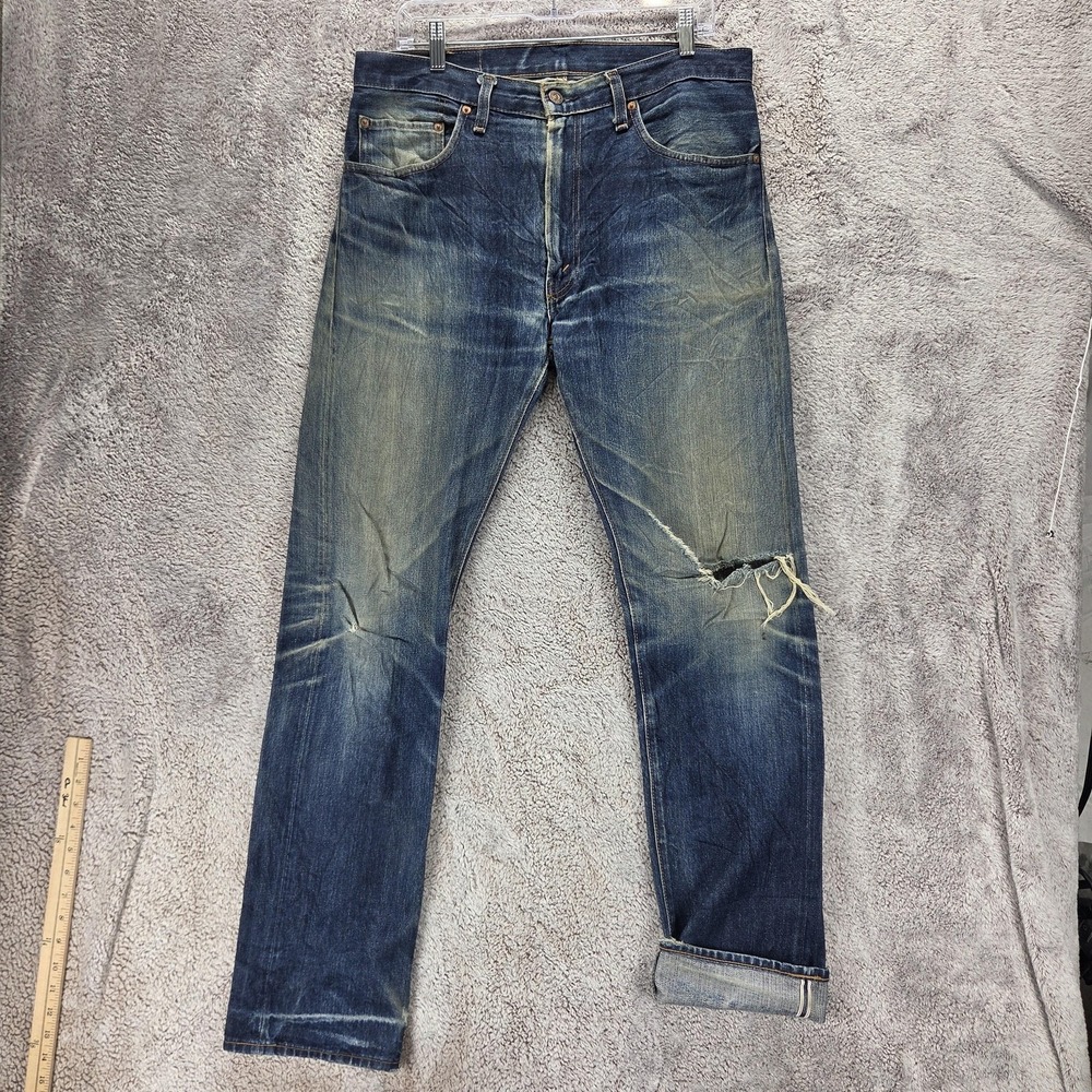 Levis 505 Jeans Mens 34x34 Blue Selvedge LVC Thrashed Whiskers Honeycomb Zip Fly
